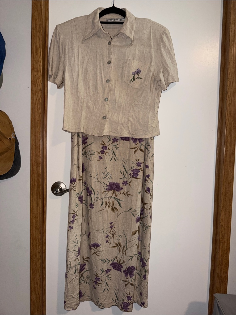 Dress Barn Beige Two-Piece Floral Set with Purple Flowers